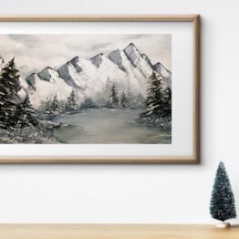 Interior wooden frame mockup with Christmas tree decorations